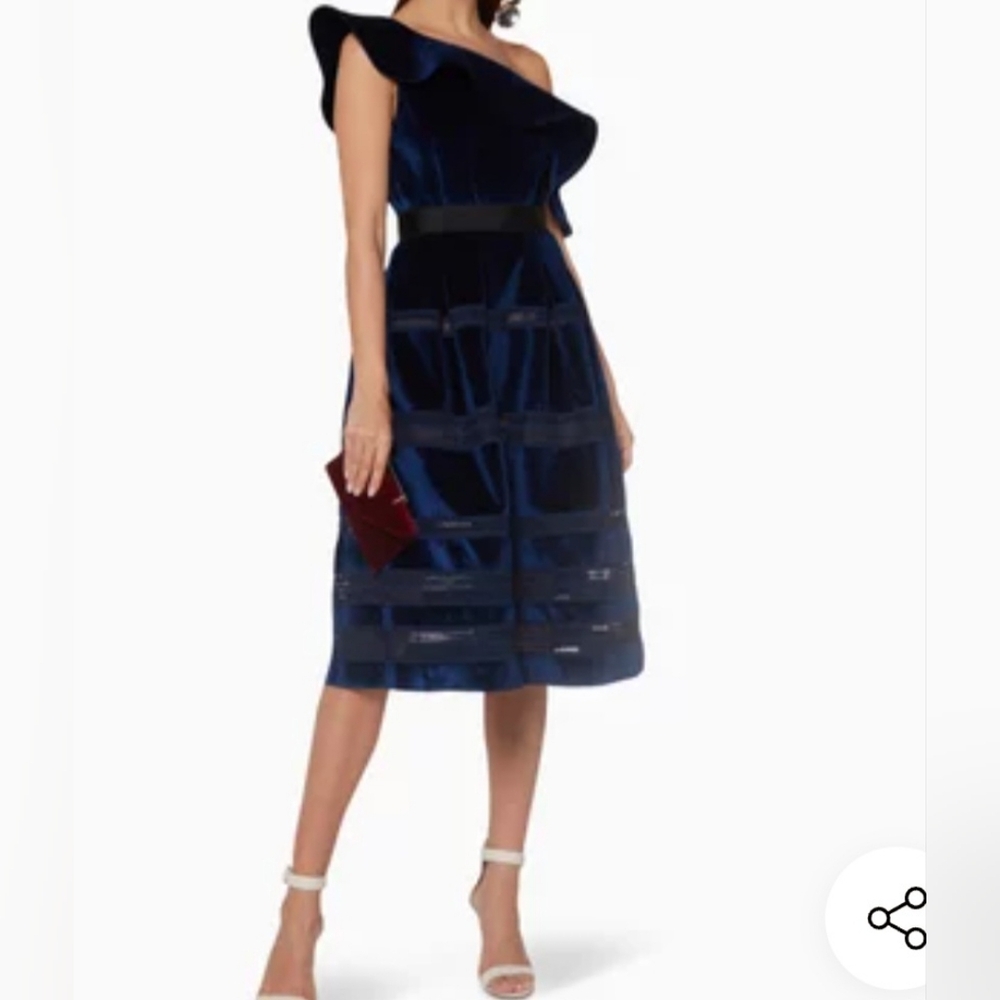 Self-Portrait Midnight Blue One-Shoulder Velvet Midi Dress.Size 6
